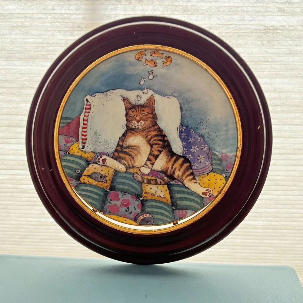 Vintage Cat Nap by‎ Gary Patterson Comical Cat in Van Hygan smythe plate frame